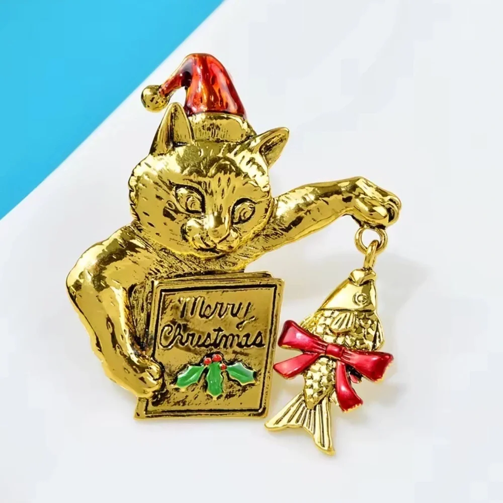 Golden Christmas Cat Brooch with Red Bow Fish Charm